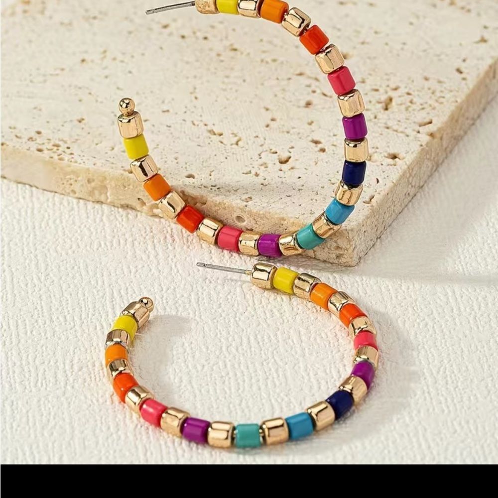 14k gold plated Boho c shape colorful bead decor hoop earrings